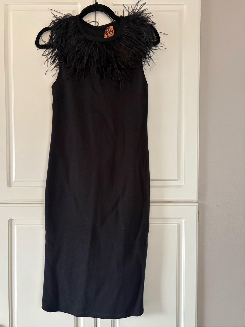 Tory Burch Black Ostrich Feather-Trim Midi Dress Size Small - Picture 3 of 10